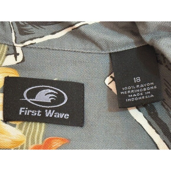 FIRST WAVE Men's Short Sleeve Button Down Floral Rayon Shirt Gray Size 18 - Picture 4 of 5